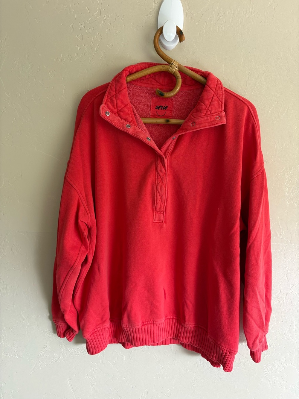 Aerie Oh Snap Oversized Pullover Sweatshirt Bright Red Medium Quilted Collar